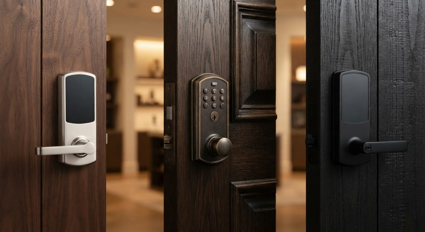 Three EMS Smart Lock finishes — satin nickel, aged brass, matte black
