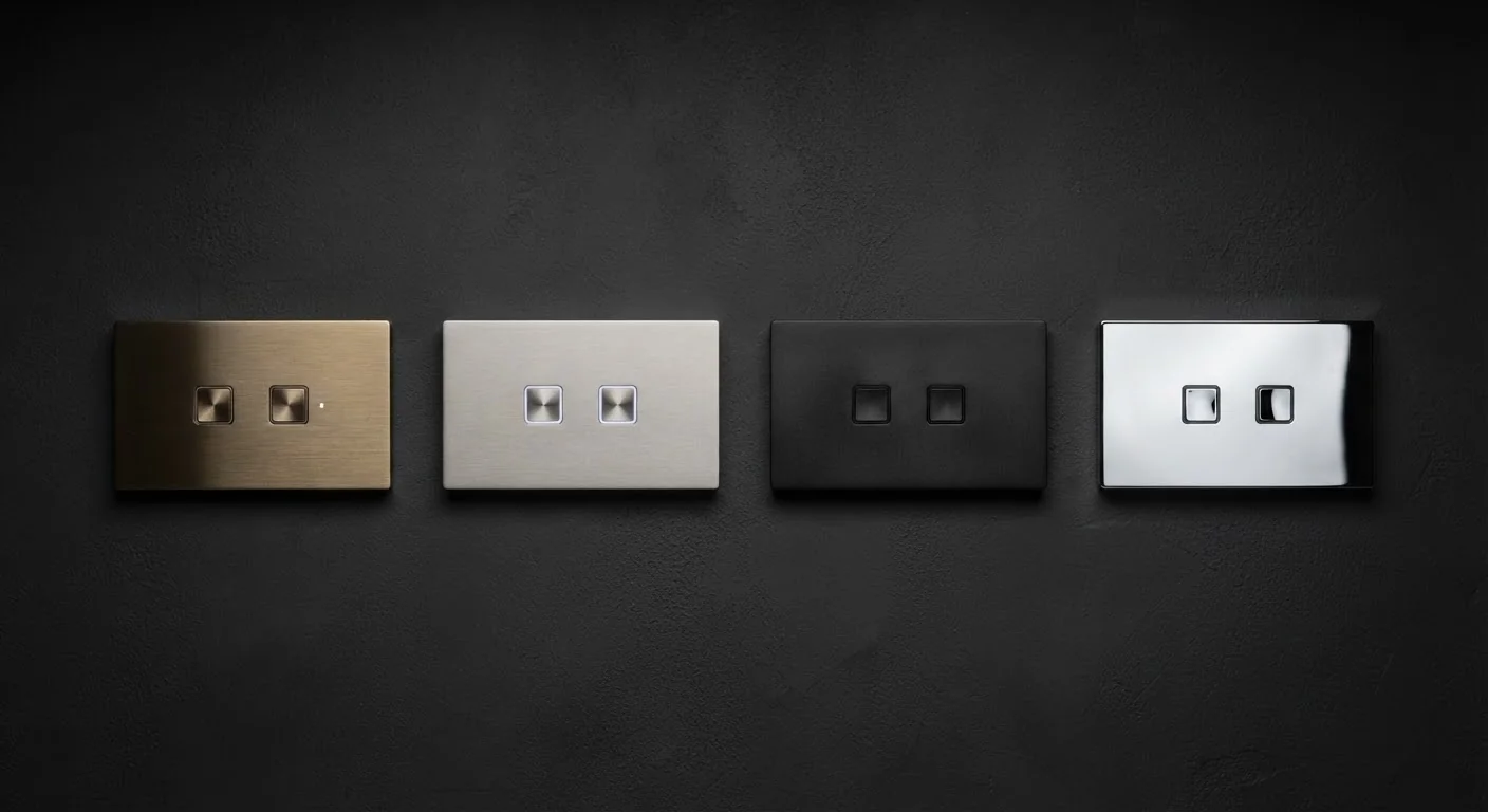 EMS Smart Switch brass-trimmed panel close-up showing brushed brass finish